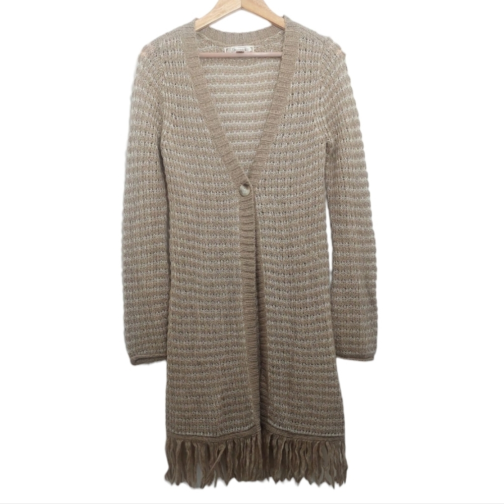 Decree Junior's Size Large Cardigan Sweater Teen Y2K Fringe Tan Knit Button